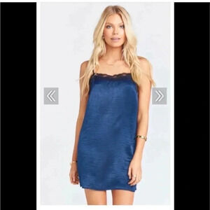 Show me your mumu blue lace trim satin mini slip dress